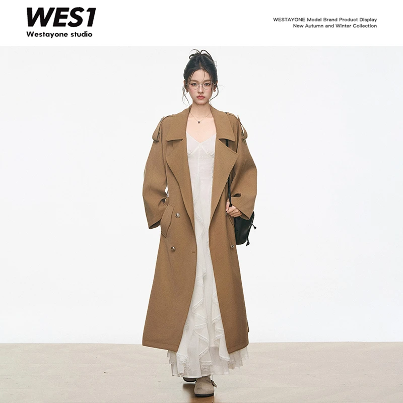 【9.6新品1】 WESTAYONE风衣外套棕色小个子中长款大衣+白色连衣裙