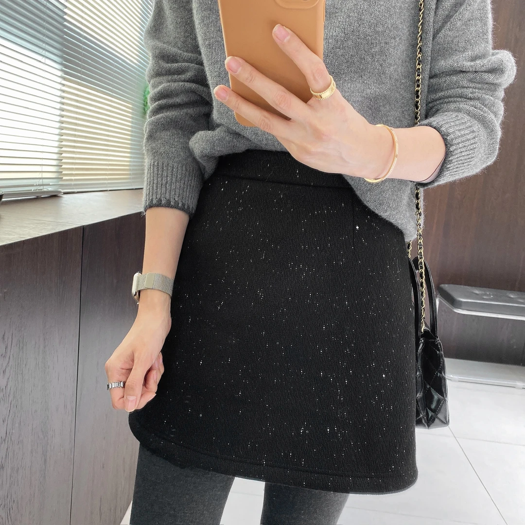 IMFLY金小金自制女装 加绒半裙DYQ809秋冬时尚撒银毛呢短款半裙