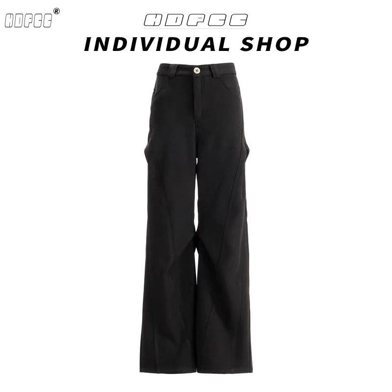 春夏美式黑色西装裤女设计感褶皱高腰宽松垂感直筒阔腿拖地休闲裤