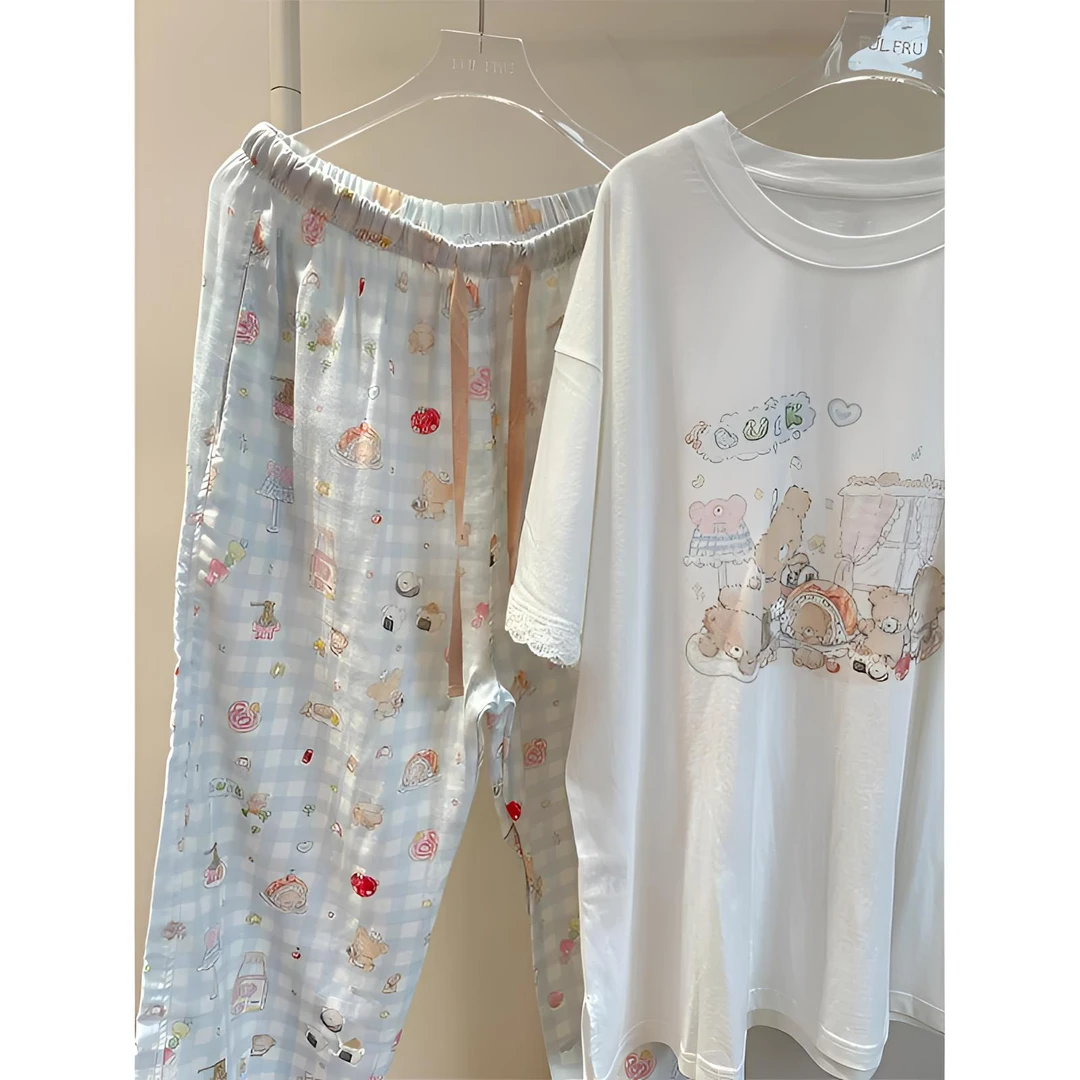 可爱少女圆领宽松舒适睡衣女春秋款2025新款卡通家居套装两件套