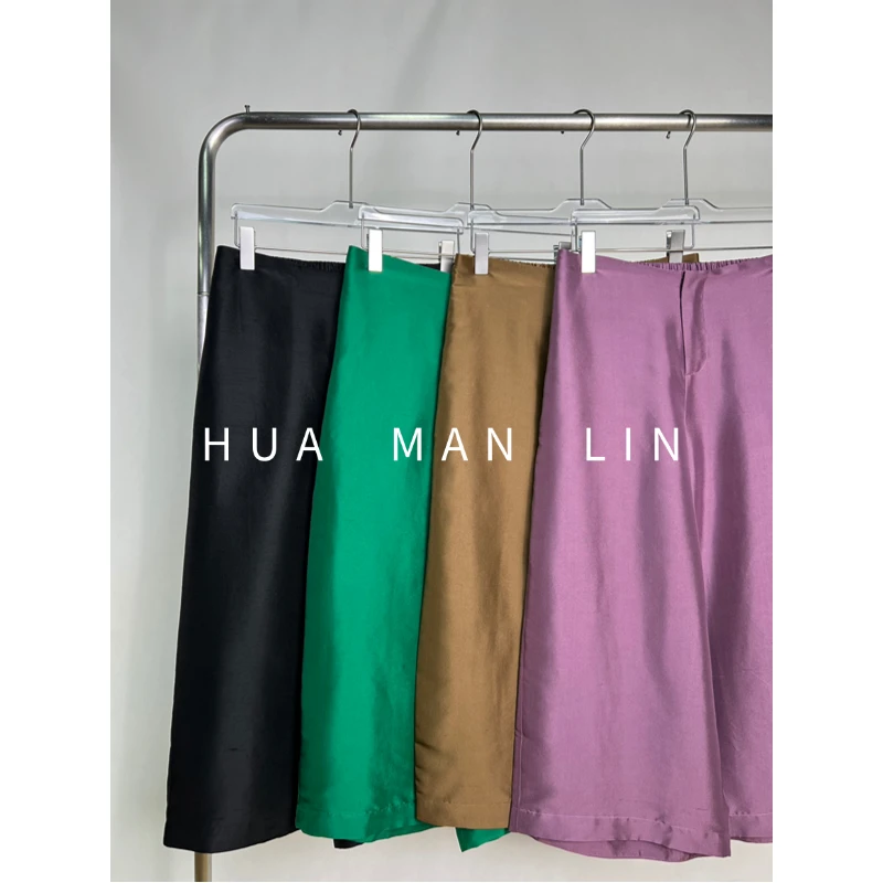 【花满林】四色后松紧腰钩扣净版百搭双宫桑蚕丝阔腿直筒裤259657