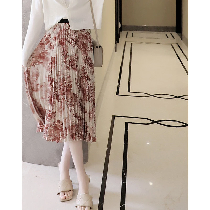 枫叶印花气质浪漫撞色松紧腰显瘦百褶中长半身裙0299