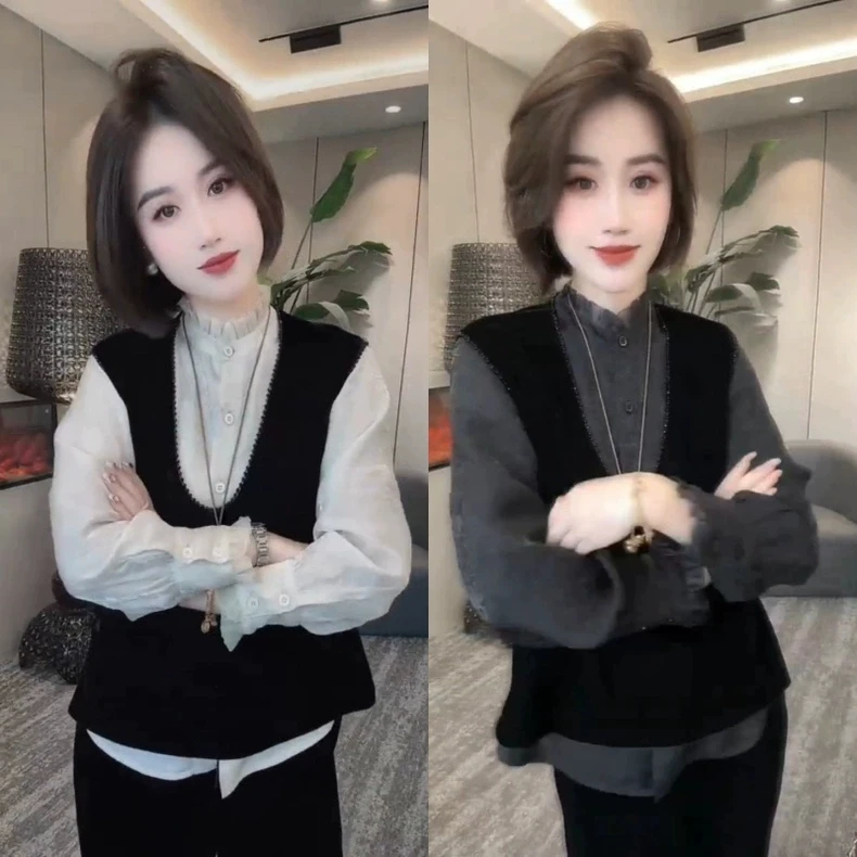 【有运费险】时尚洋气重工V领丝绒马甲秋季新款气质浮光衬衫上衣女