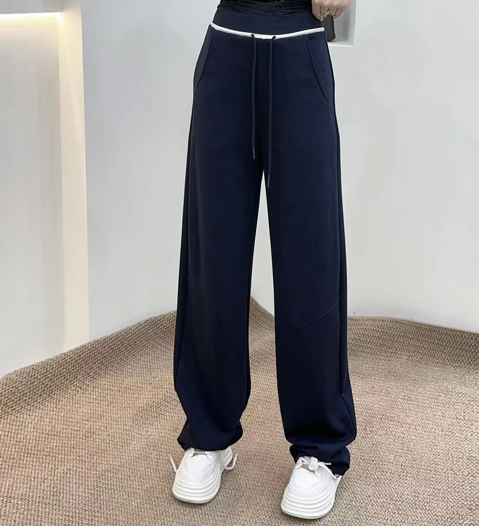 YUANJIE欧洲站秋季新款时尚抽绳松紧腰直筒显瘦弯刀裤女休闲裤