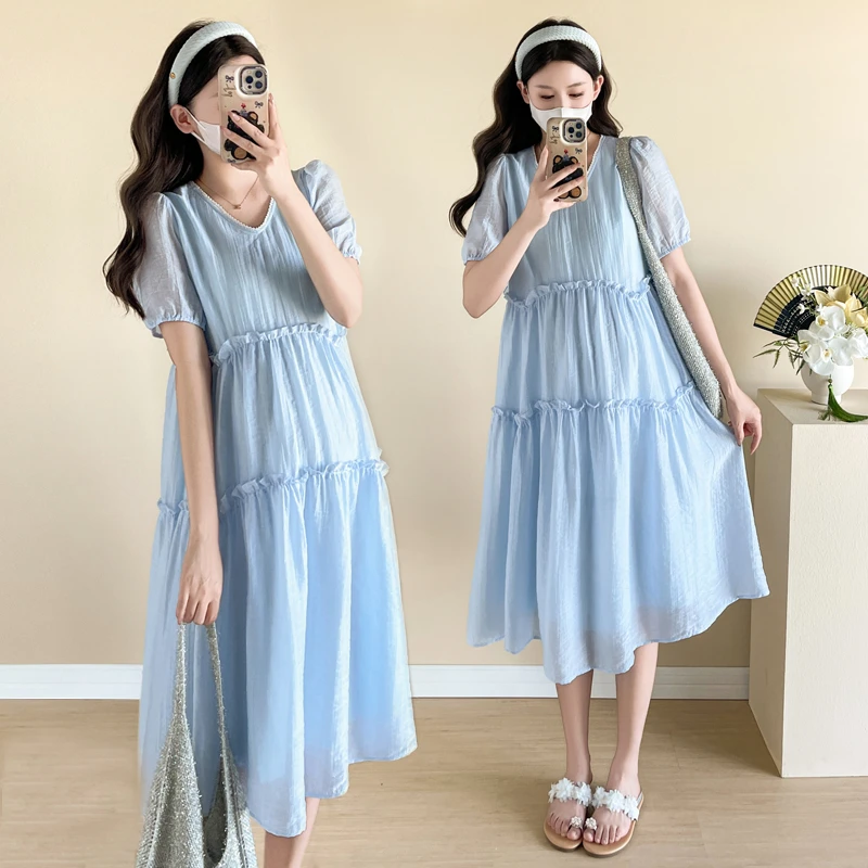 日本孕妇裙子温柔甜美小清新宽松显瘦过膝长裙夏季休闲薄款连衣裙