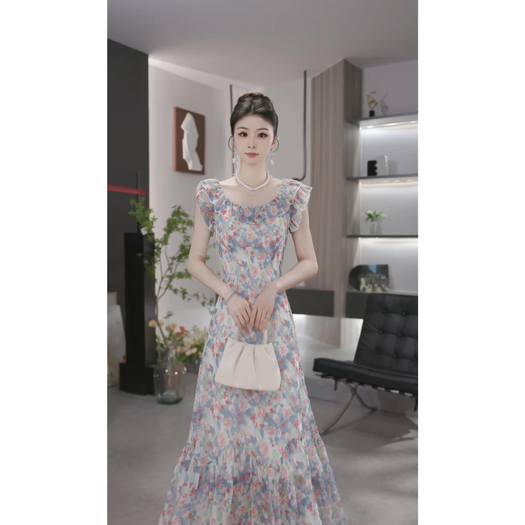 【薇宝儿-婷婷】-油画栀子-气质高级感碎花裙子修身显瘦连衣裙裙子