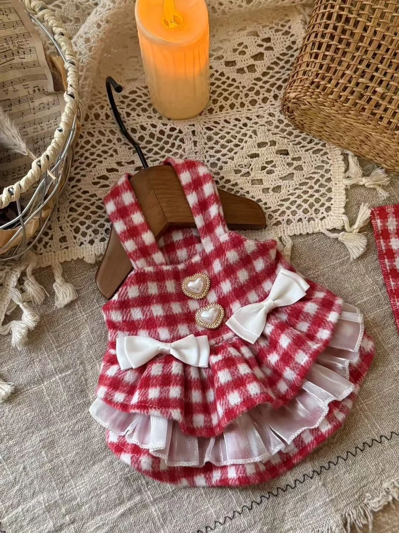 【小羊家】英伦复古风红格子毛呢吊带裙宠物衣服马尔济斯西施比熊