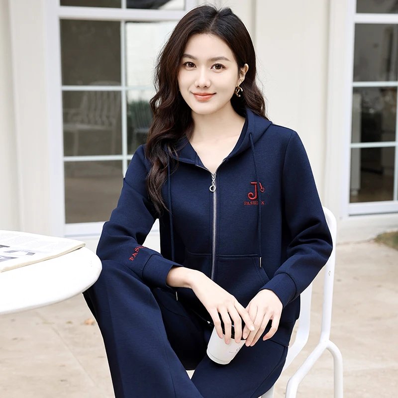时尚运动套装女春季新款连帽卫衣韩版洋气中年妈妈连帽开衫两件套