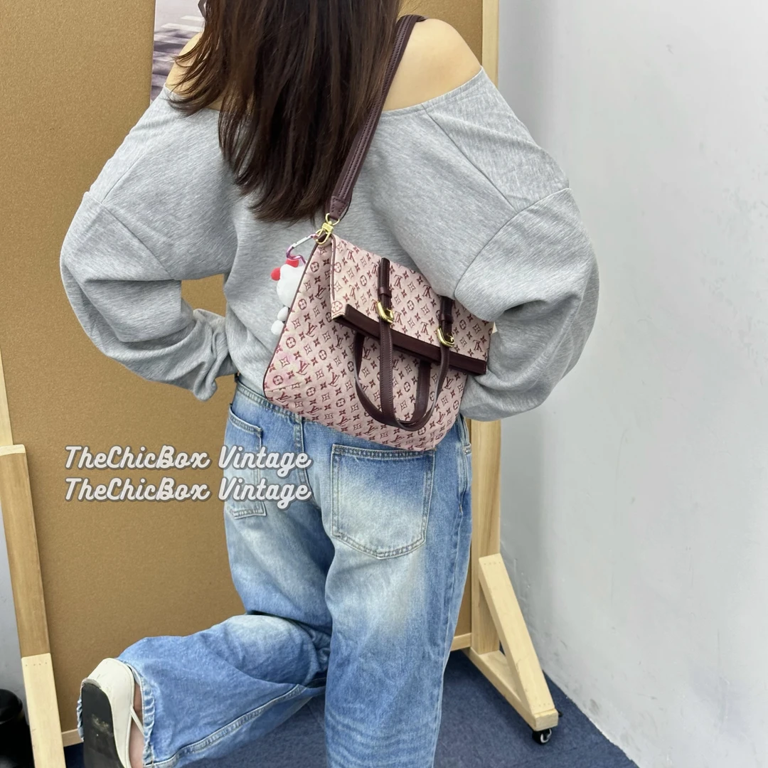 95新 LouisVuitton/路易威登 只盒/Lv中古粉色老花单宁竖版托特包