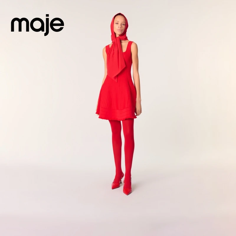 暖系穿搭|Maje 2025秋季新款女装红色收腰针织连衣裙MFPRO04046