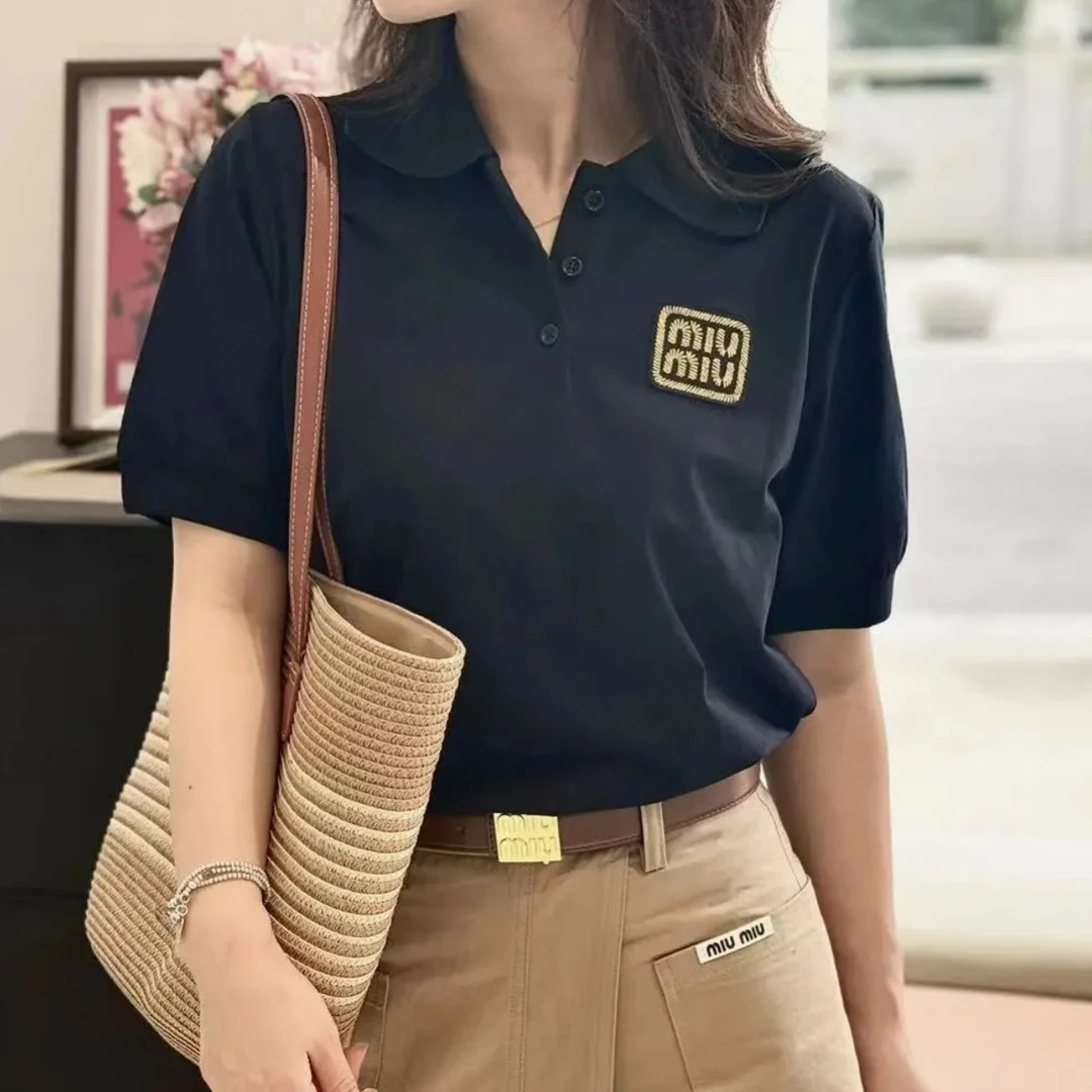 99新 MIU MIU/缪缪 SS24 撞色字母Logo徽标套头短袖Polo衫 38码