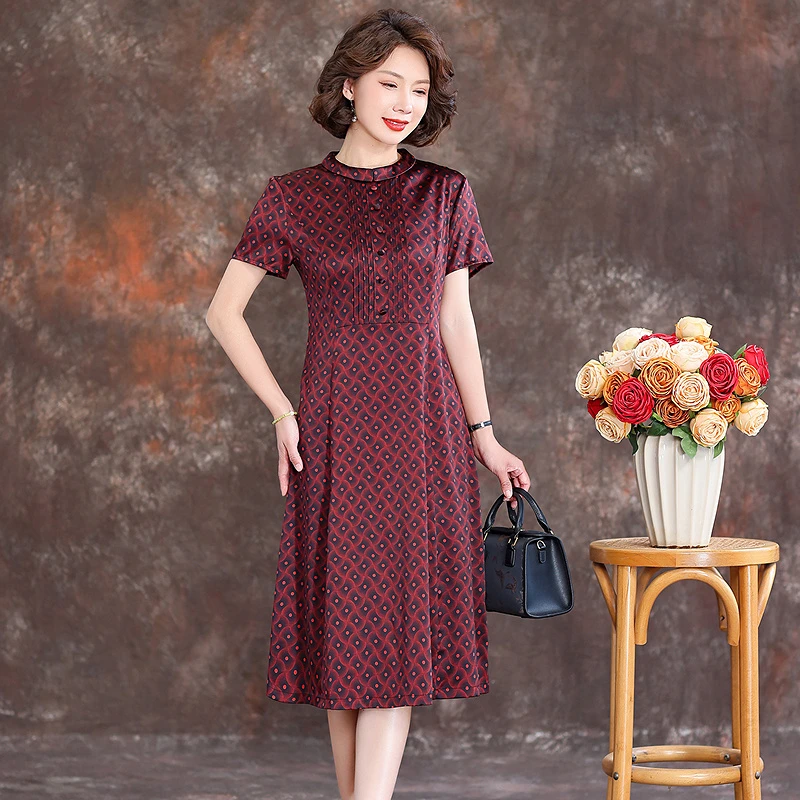 齐黛品牌真丝桑蚕丝连衣裙2025新款女夏妈妈中长款气质减龄A字裙