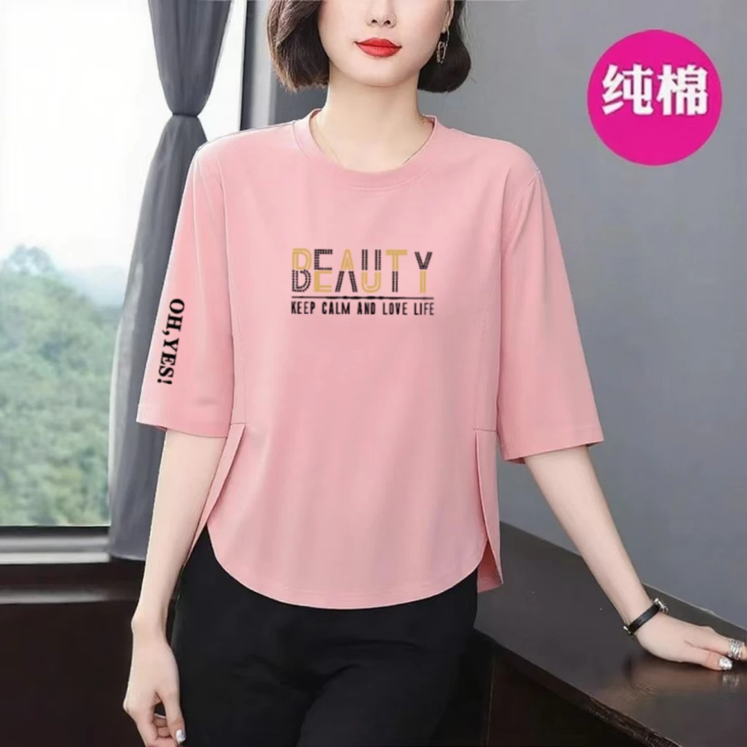 纯棉中年七分袖圆领T恤女夏新款宽松显瘦洋气减龄百搭遮肚上衣潮