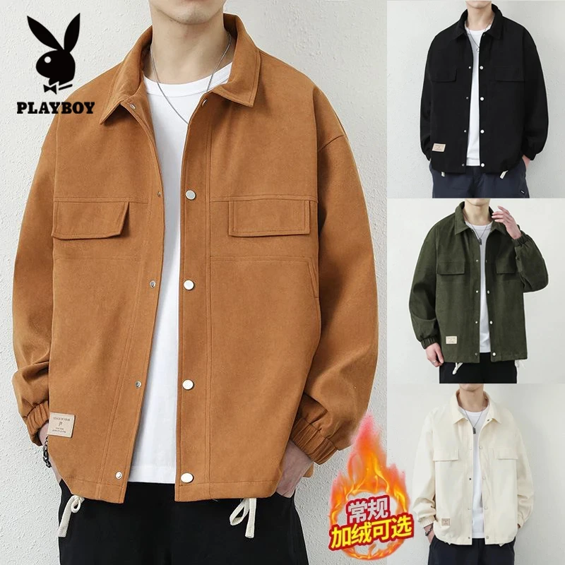 花花公子秋冬款工装外套男休闲时尚衬衫男女同款加厚保暖翻领夹克
