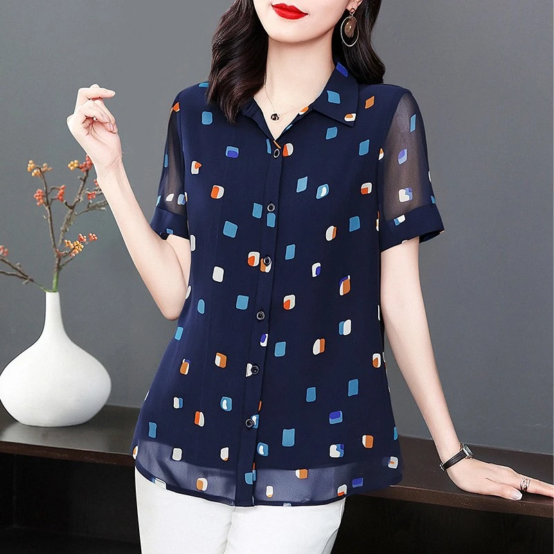 新款翻领短袖雪纺衫女夏季中长款印花高级感上衣大码宽松显瘦女装