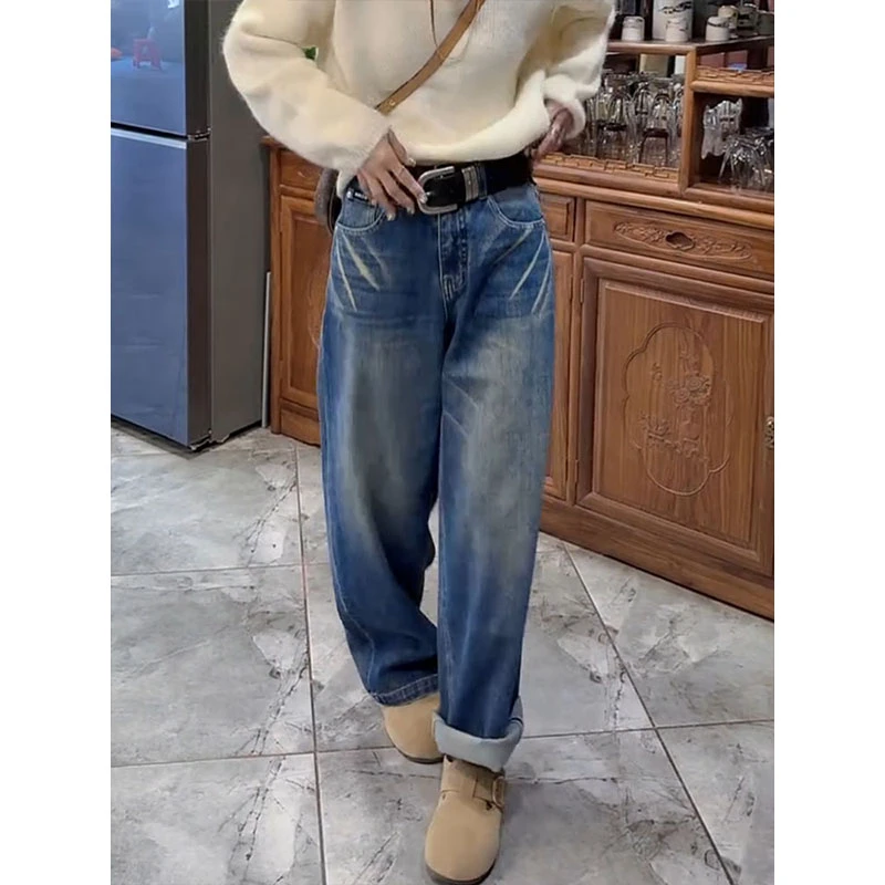 2025秋季新爆款蓝色直筒阔腿拖地裤女时尚韩系窄版高腰显瘦牛仔裤