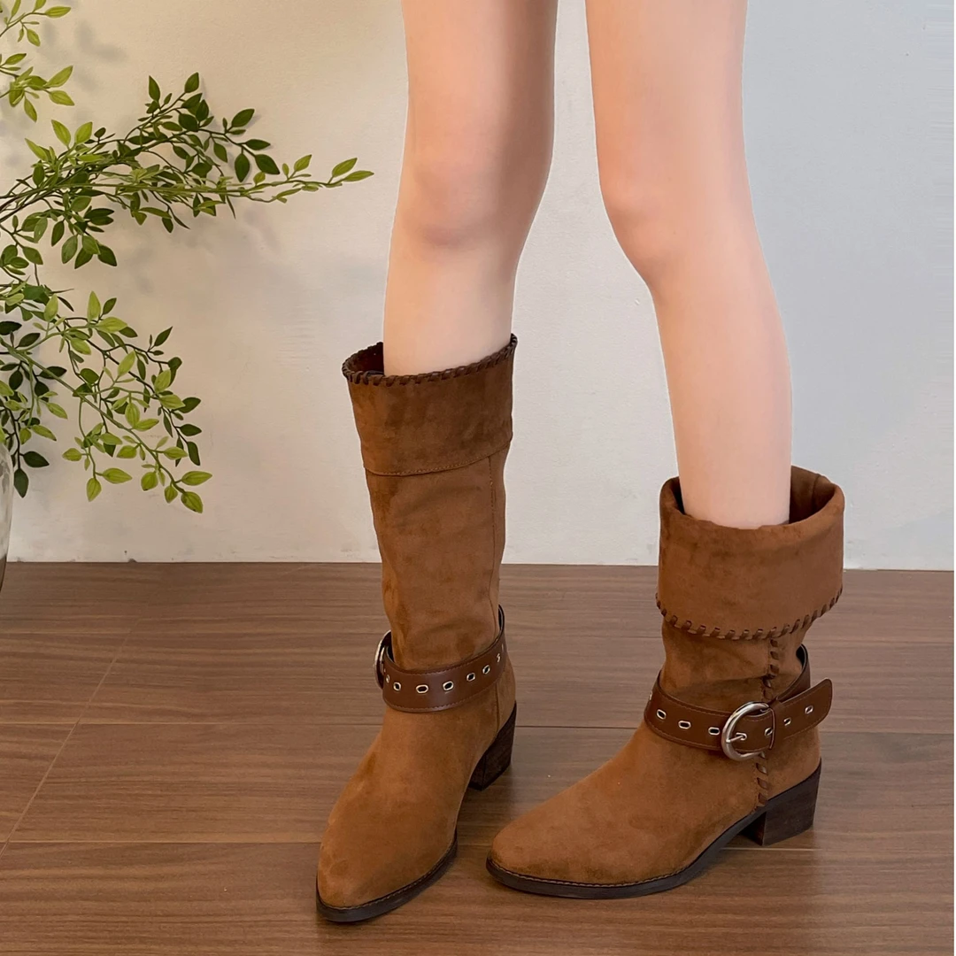 复古尖头粗跟增高西部牛仔靴女款2025新款秋季配裙子显瘦中筒靴子