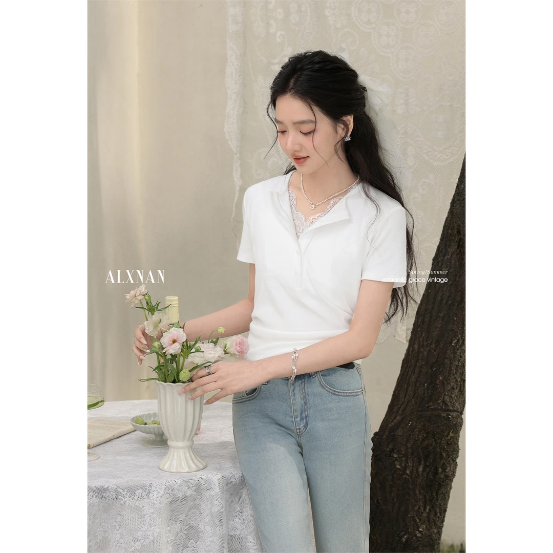 【品牌撤柜款ZB】百搭开领设计感夏米白色T恤女士V领短袖上衣L55013