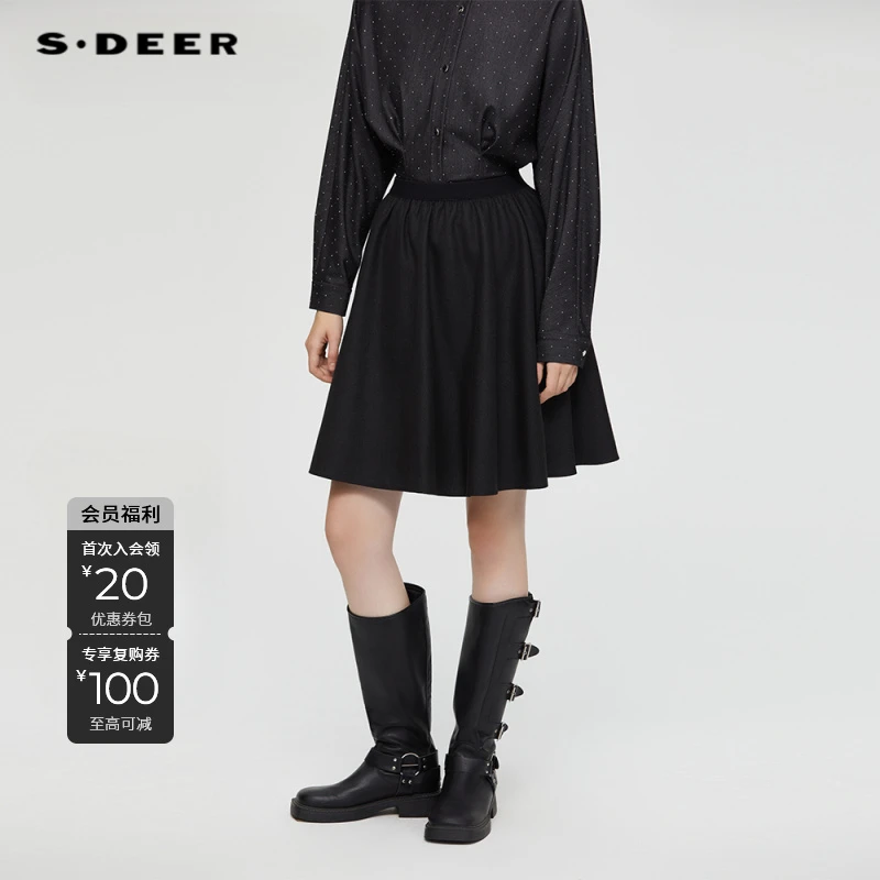 S·DEER圣迪奥半身裙秋冬全棉双层中高腰黑色松紧腰短裙S253Z1303