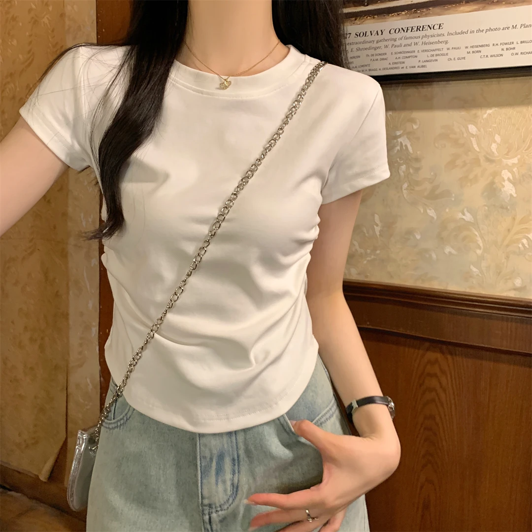 圆领少女感正肩纯色短袖T恤女夏季2025卡腰褶皱显瘦上衣小众辣妹