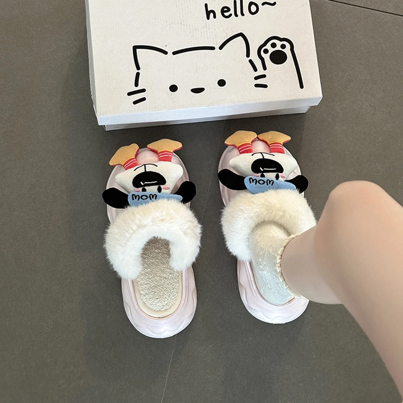 可爱卡通乖巧史迪仔小狗毛毛鞋女2025冬季新款外穿一脚蹬两穿棉鞋