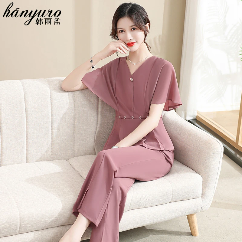 妈妈装夏装2025新款洋气雪纺衫套装短袖上衣两件套夏季中老年女装