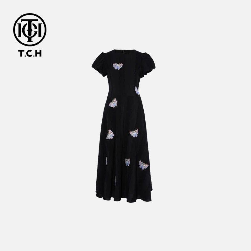 TCH轻奢手工刺绣蝴蝶烫钻复古圆领连衣裙女T75A30E1020私服tch