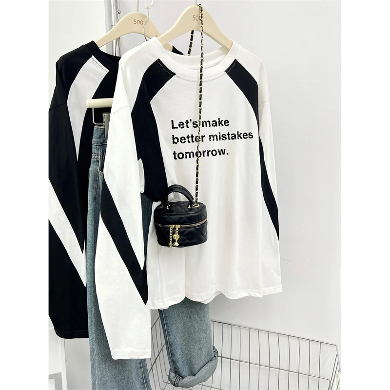 2025新款早秋拼接撞色长袖T恤女美式潮牌设计感宽松大码纯棉上衣