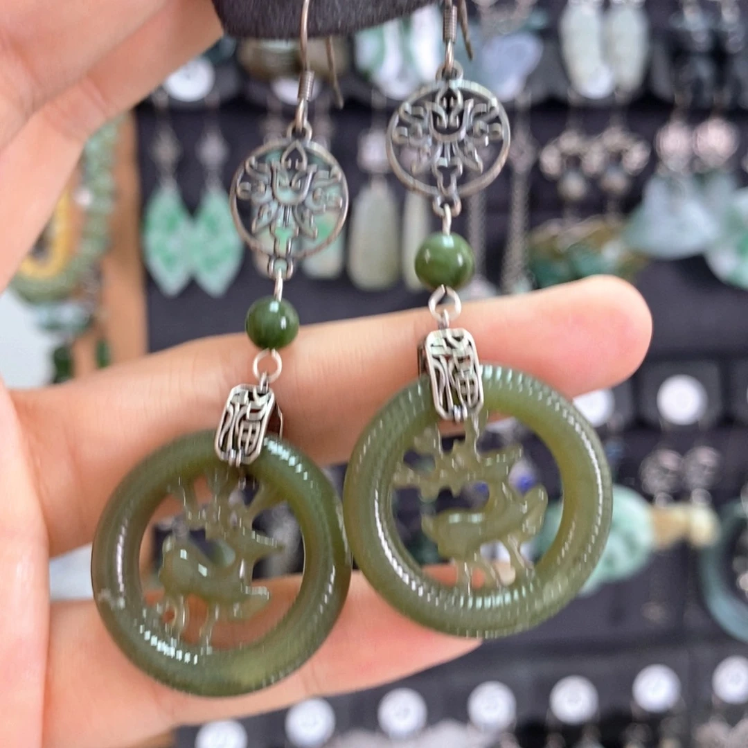 和田玉银S925镶嵌耳饰