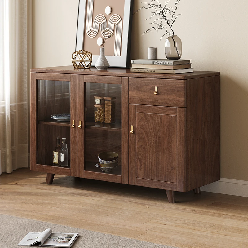 黑胡桃木实木餐边柜现代简约玻璃门1.2米靠墙客餐厅置物柜8275