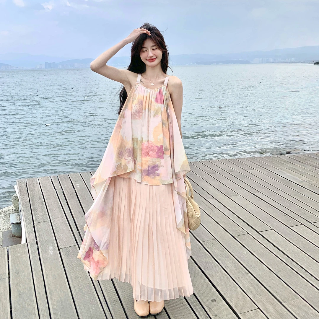 法式氛围感油画吊带连衣裙女夏季气质海边度假风假两件网纱长裙子