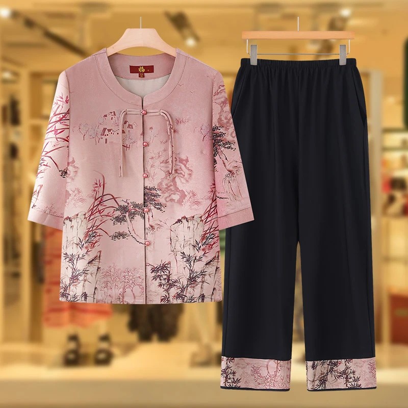 奶奶新中式套装中老年人夏装女妈妈中袖衬衫太太国风开衫老人衣服