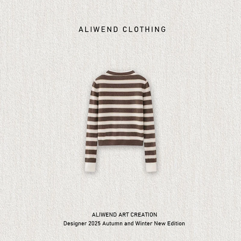 2025新款气质休闲圆领假两件条纹显瘦毛针织衫-251197