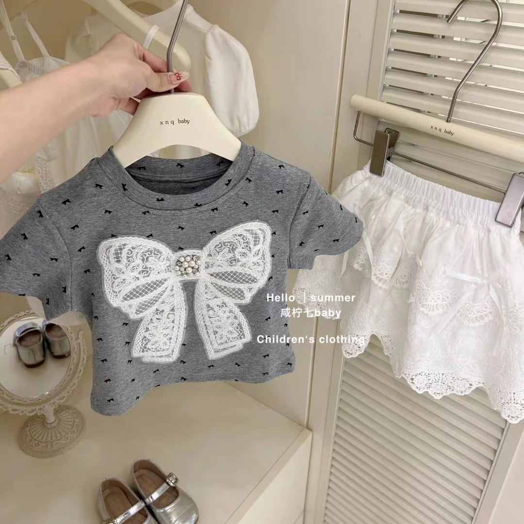 女童夏季套装韩版女宝蝴蝶结波点短袖T恤蕾丝蛋糕裙上衣两件套