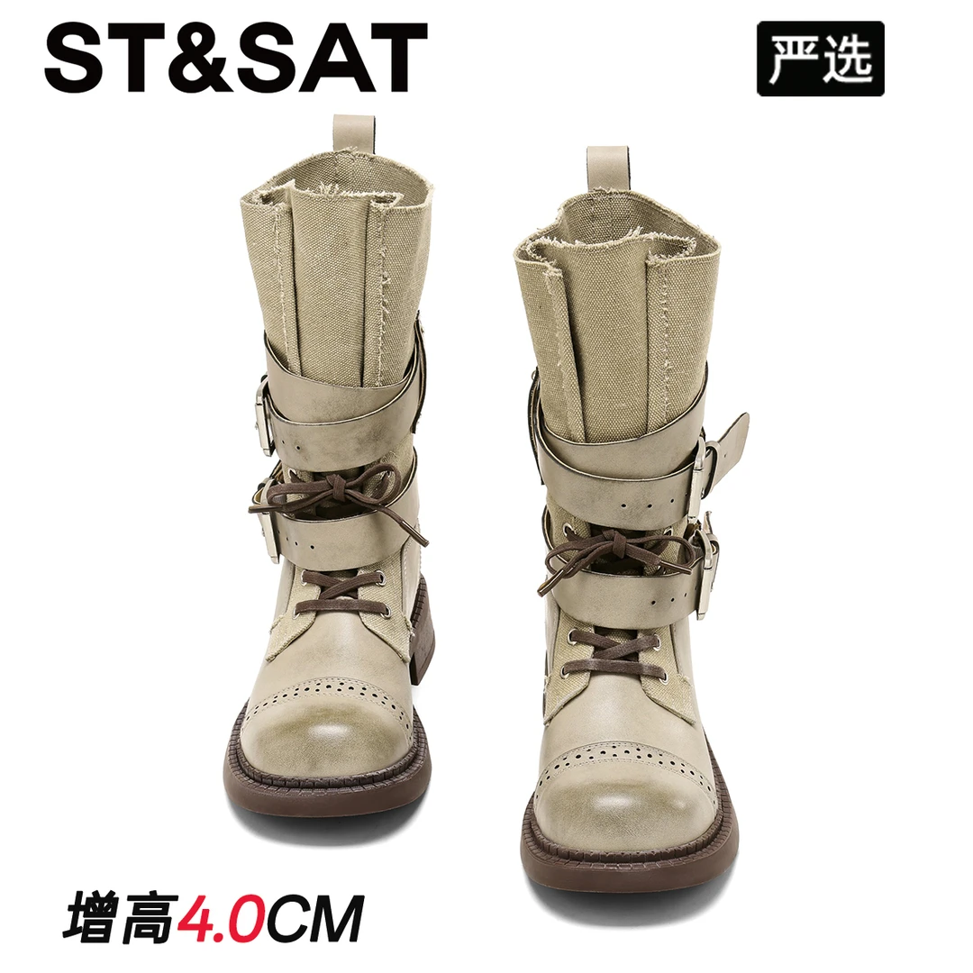 星期六琥珀流光西部牛仔短靴女2025新款中筒机车靴厚底增高马丁靴