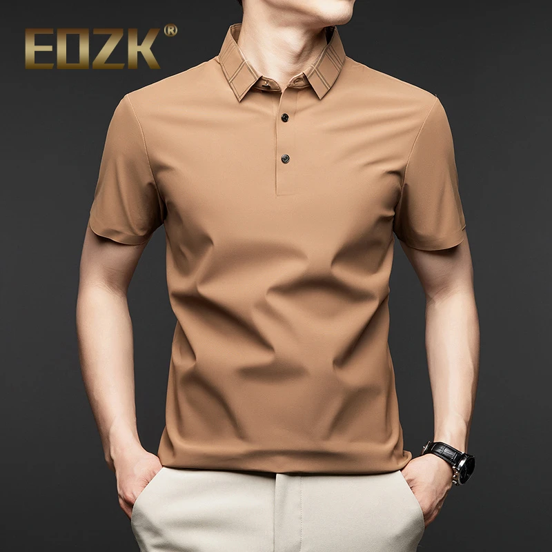 Eozk2025新款短袖Polo衫男士无痕格子翻领T恤夏季薄款半袖上衣服