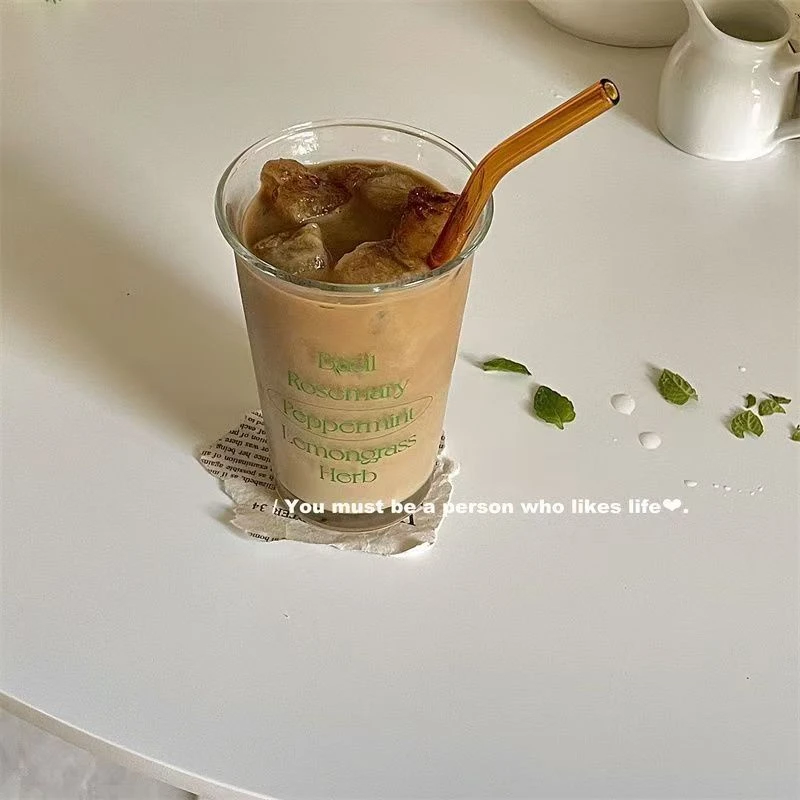 博主同款绿色法文英文字母玻璃杯ins风简约果汁咖啡水杯子耐热家