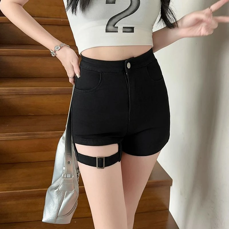 艾格高腰机车牛仔短裤女2025年夏季新款辣妹弹力紧身美式热裤外穿