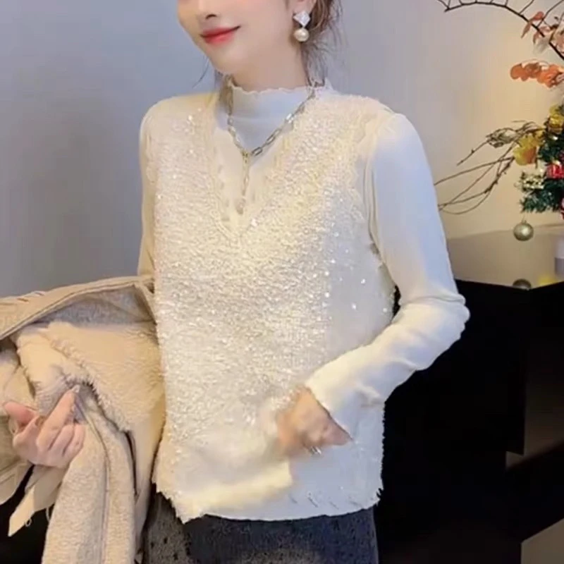 （刘敏服装）6175款女士秋冬亮片蕾丝马甲背心加绒两件套高级感减龄