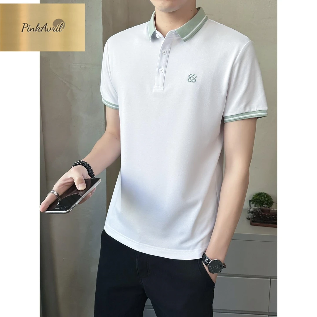 PinkAvrilPOLO衫男士高端商务夏装2025新款潮牌修身翻领短袖T恤