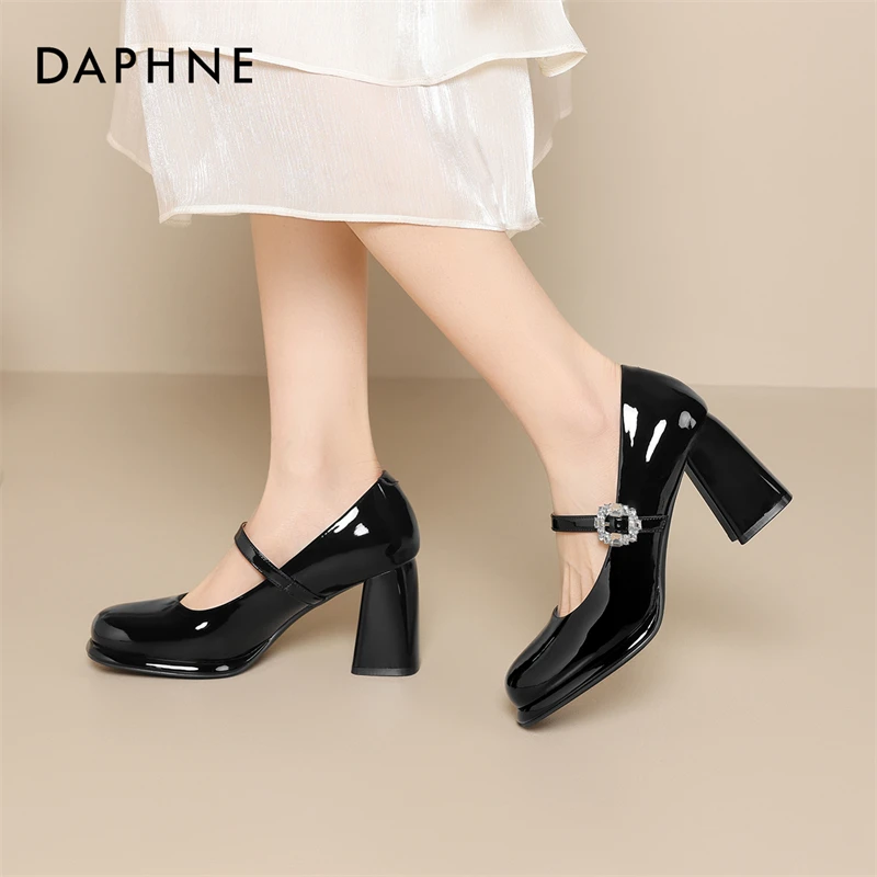 达芙妮春秋季高跟千金舒适浅口粗跟一字带气质玛丽珍鞋