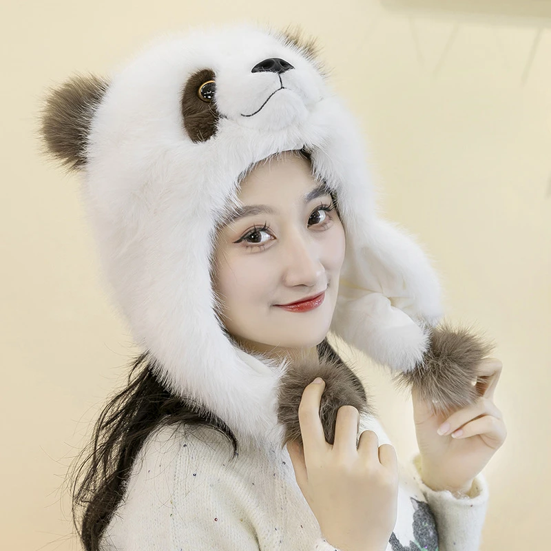 可爱亲子熊猫帽子冬季加绒加厚保暖帽子生日礼动物园同款毛绒玩偶