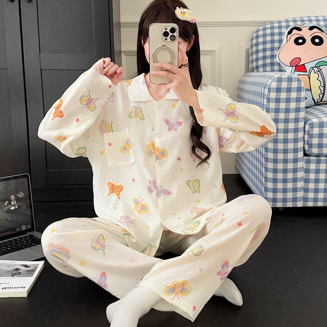 秋日蝴蝶可爱睡衣女款长袖长裤春秋季薄款卡通可外穿家居服套装