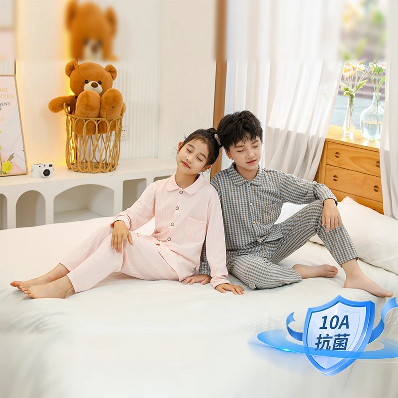 【10A抗菌】儿童家居服套装男女童秋季洋气时尚格纹翻领睡衣两件套