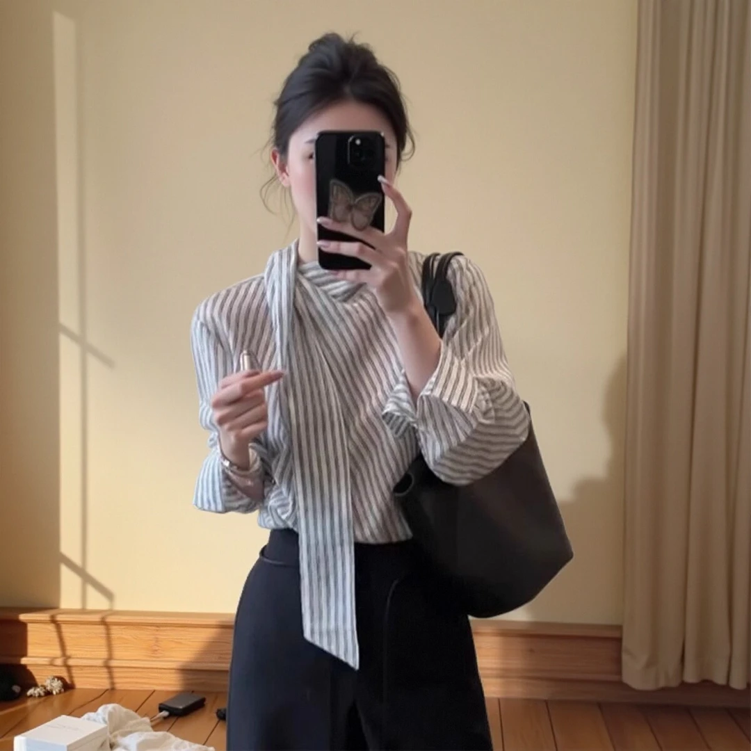 法式飘带条纹衬衫女2025春季新款高级感轻奢减龄洋气衬衣女款上衣