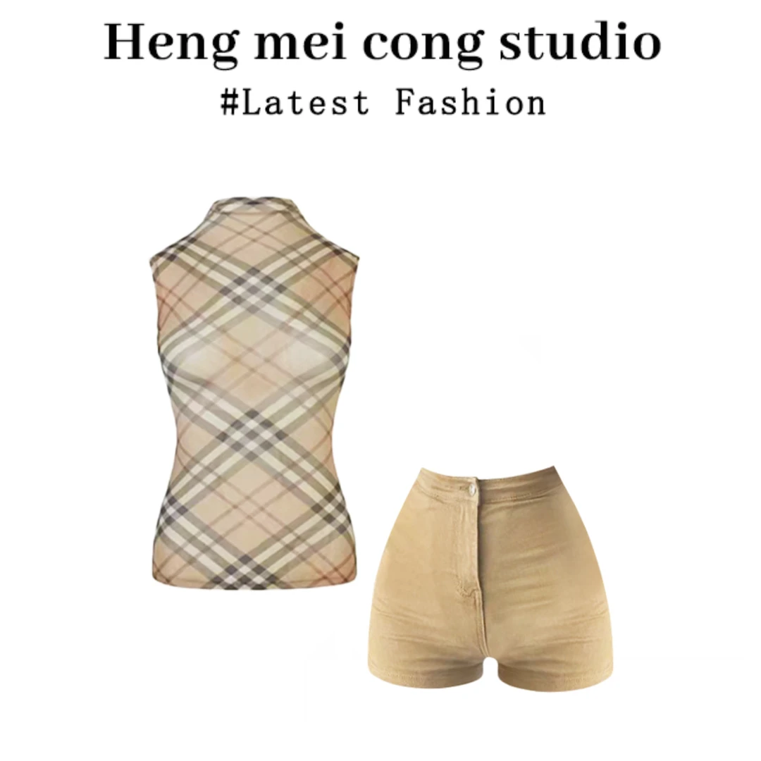 女生韩系ins衣服气质女神复古格纹背心上衣夏季高腰性感显瘦短裤