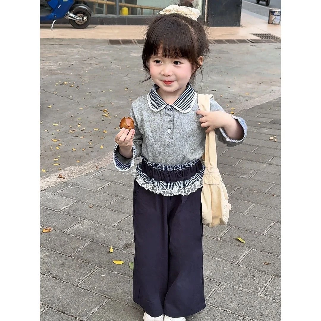 女童2025春秋款韩系甜美风格子碎花POLO领上衣阔腿裤洋气舒适套装