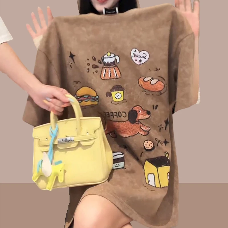 卡通趣味手绘涂鸦印花短袖t恤女2025夏季新款高级感小众女装穿搭