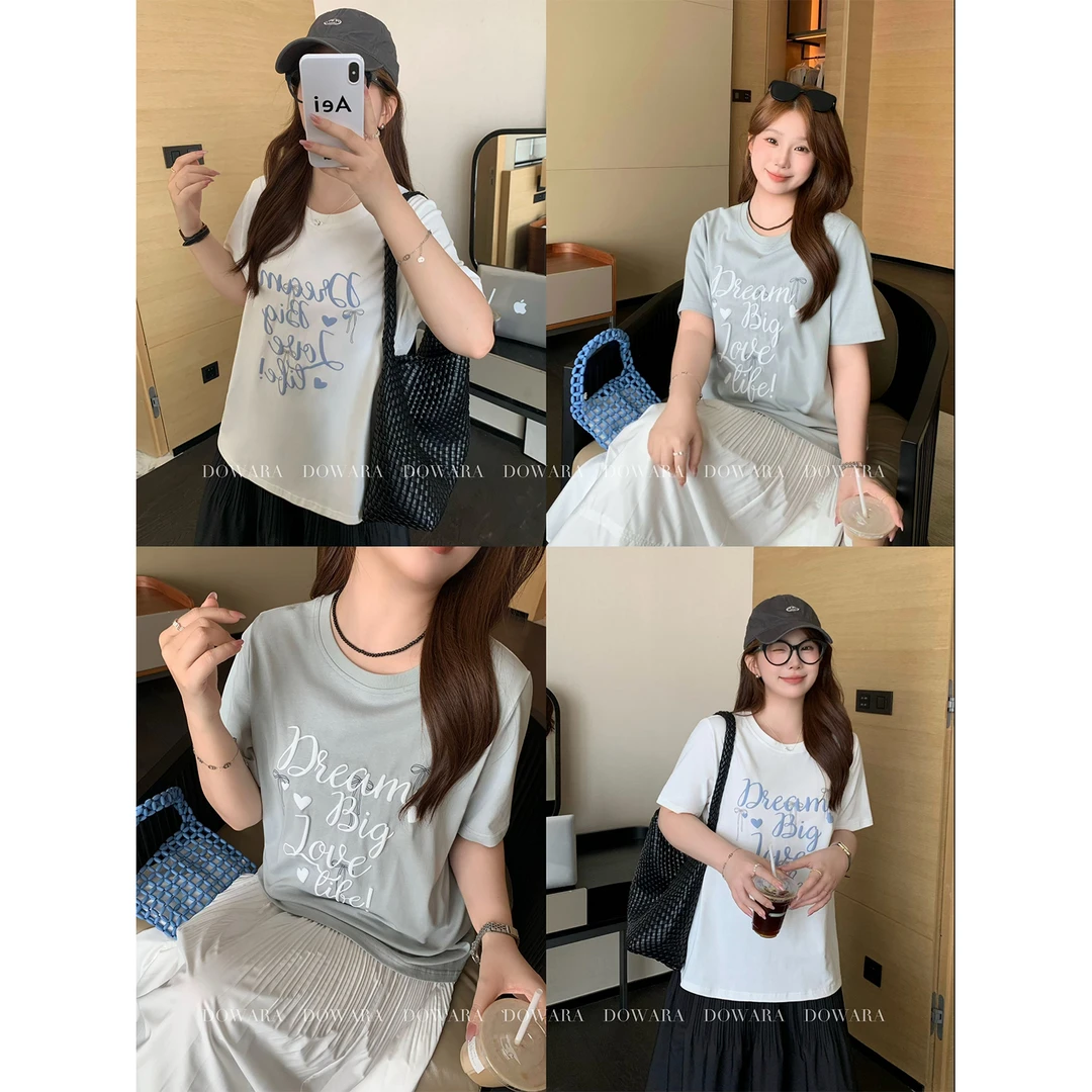 现货大婉酱微胖定制纯棉字母短袖t恤女夏季新款韩系显瘦上衣7601D