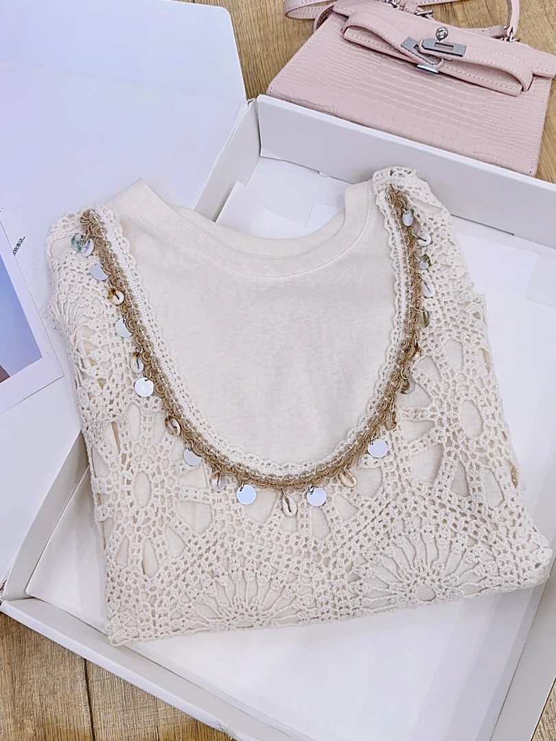 琳心丨夏季新款小众设计感领口亮片镂空拼接假两件T恤 HM7697